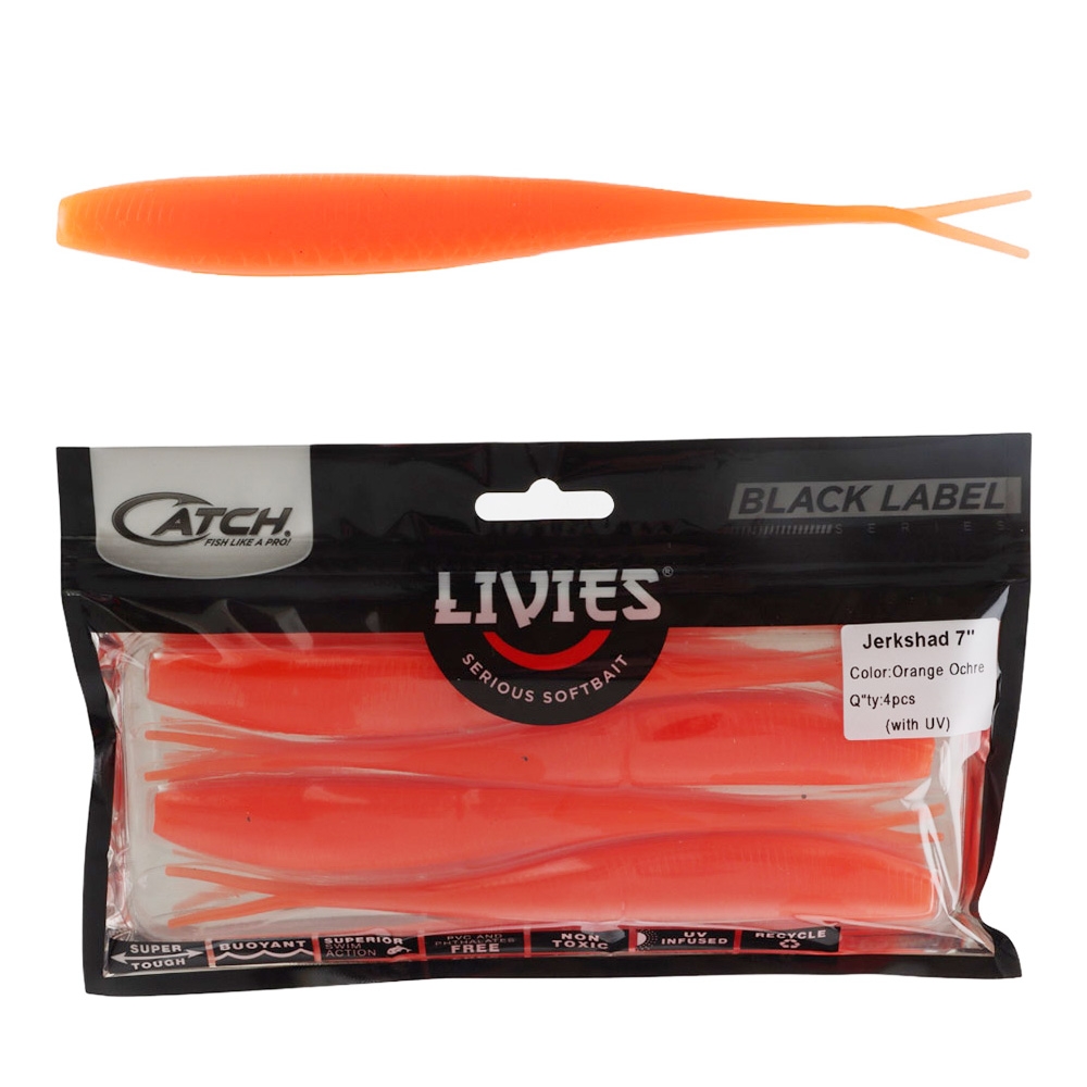 Catch Black Label Livies Jerkshad Soft Bait 7in Orange Ochre Qty 4