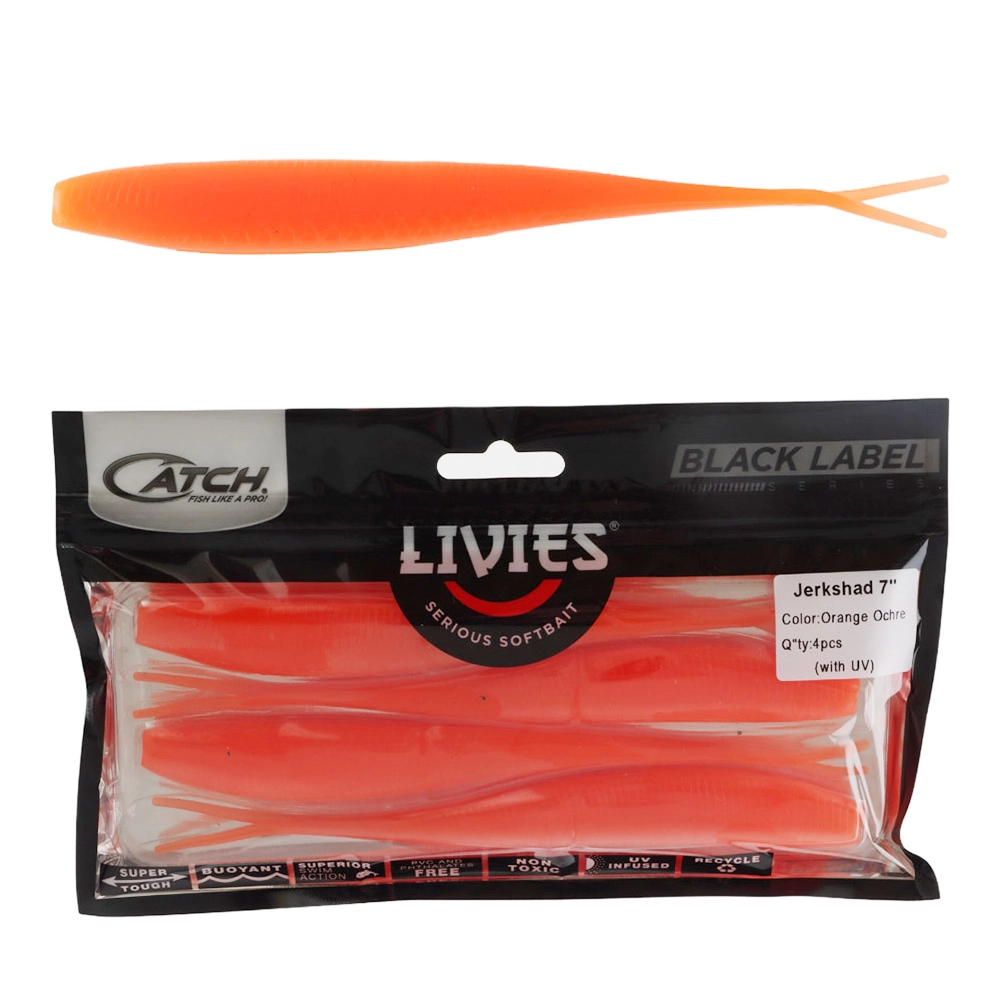Catch Black Label Livies Jerkshad Soft Bait 7in Orange Ochre Qty 4 Catch Black Label Livies Jerkshad Soft Bait 7in Orange Ochre Qty 4