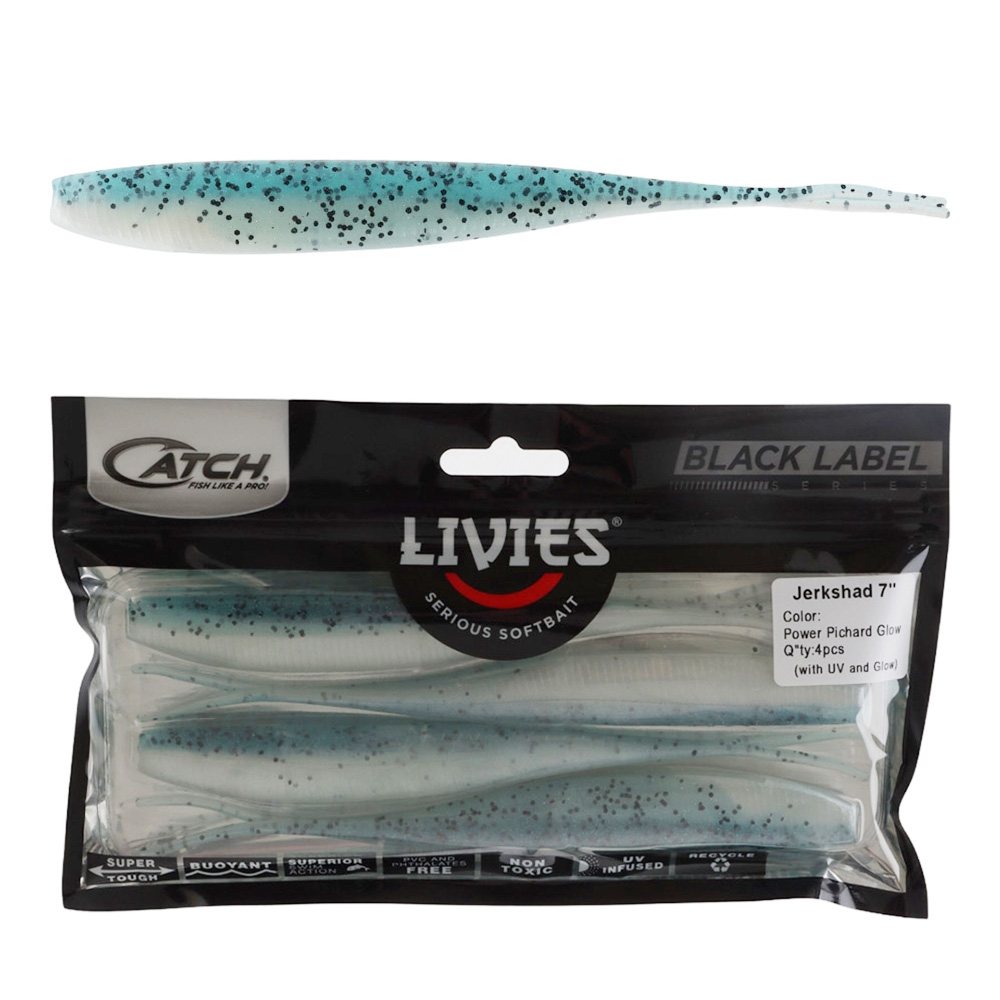 Catch Black Label Livies Jerkshad Soft Bait 7in Power Pichard Glow Qty 4