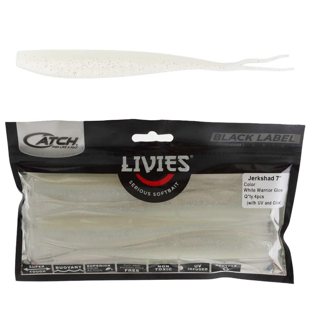 Catch Black Label Livies Jerkshad Soft Bait 7in White Warrior Glow Qty 4