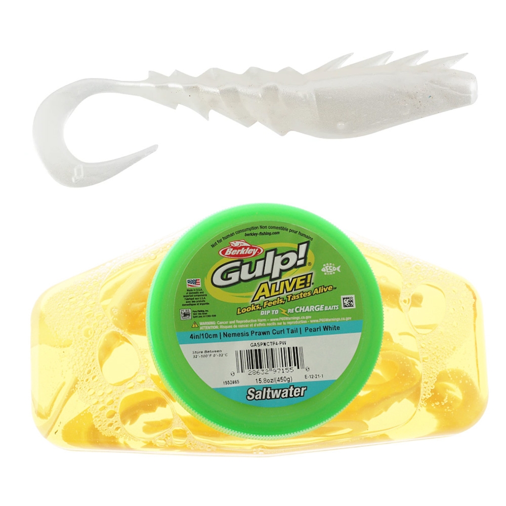 Berkley Gulp Alive Nemesis Prawn Curl Tail Soft Bait Tub 10cm Pearl White
