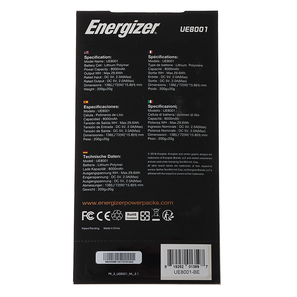 Energizer UE8001 Slim Power Bank with Detachable Cable 8000mAh Black
