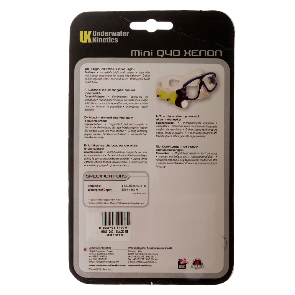 Underwater Kinetics High Intensity Q40 Xenon Dive Torch with Mask Strap 38lm Black