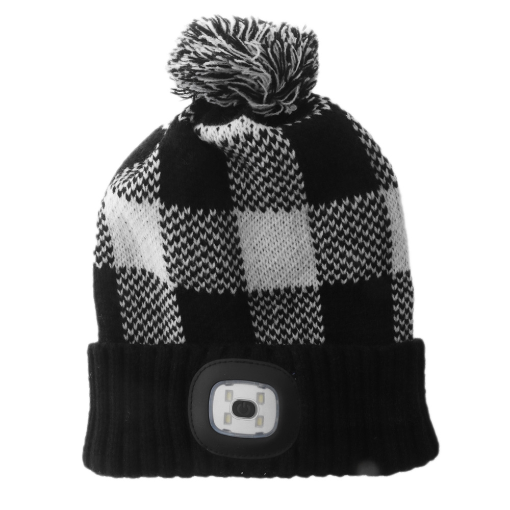 Rechargeable LED Beanie with Pompom Black/White