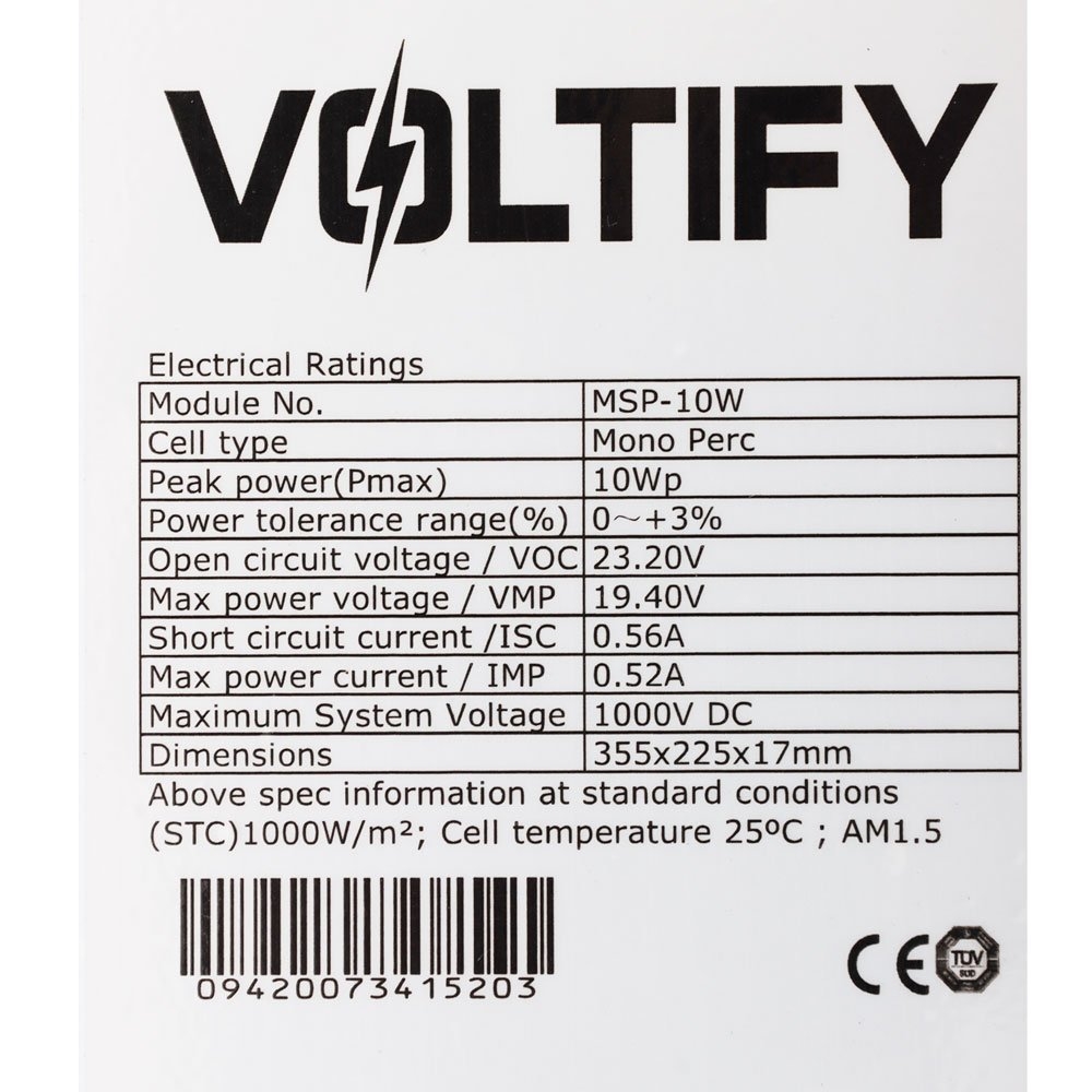 Voltify Mono PERC Solar Panel 10W 355x225x17mm