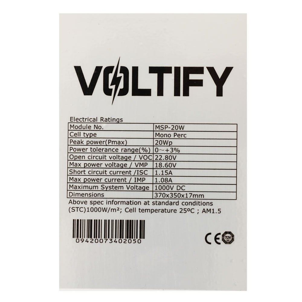 Voltify Mono PERC Solar Panel 20W 375x350x17mm
