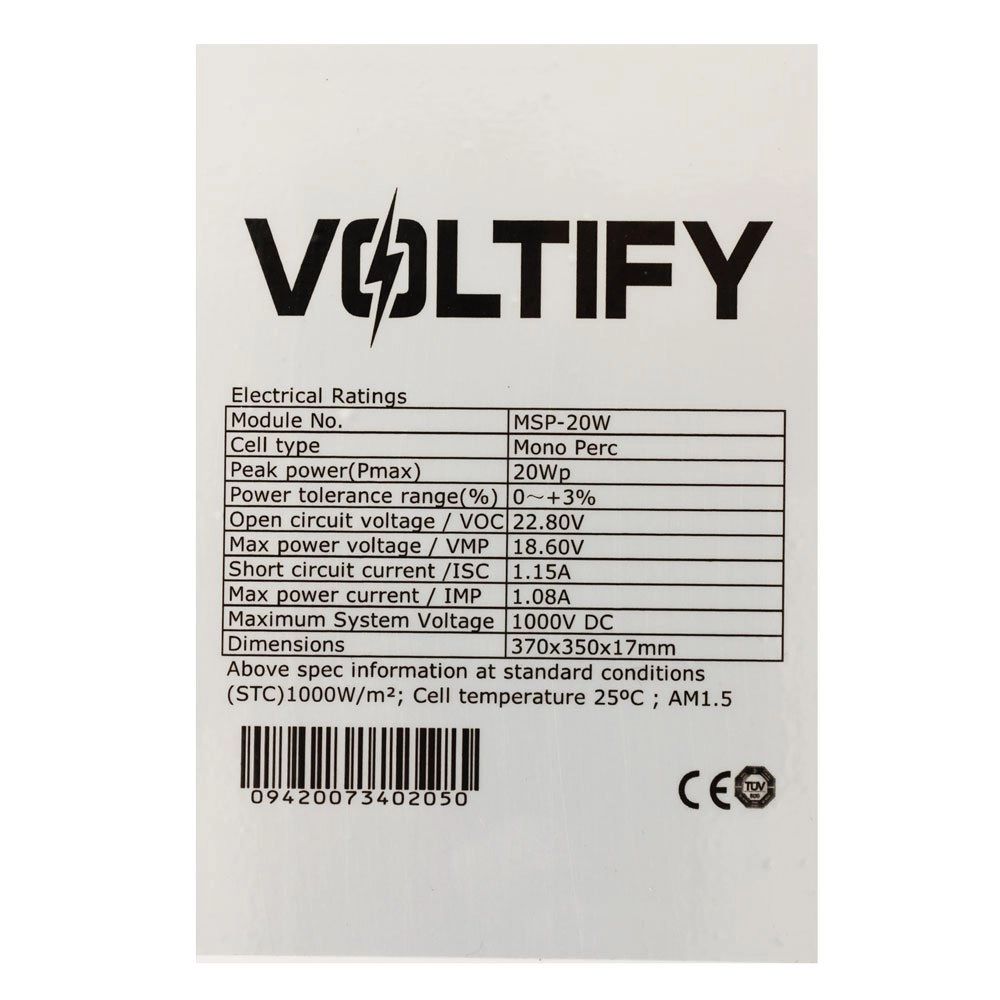 Voltify Mono PERC Solar Panel 20W 375x350x17mm Voltify Mono PERC Solar Panel 20W 375x350x17mm