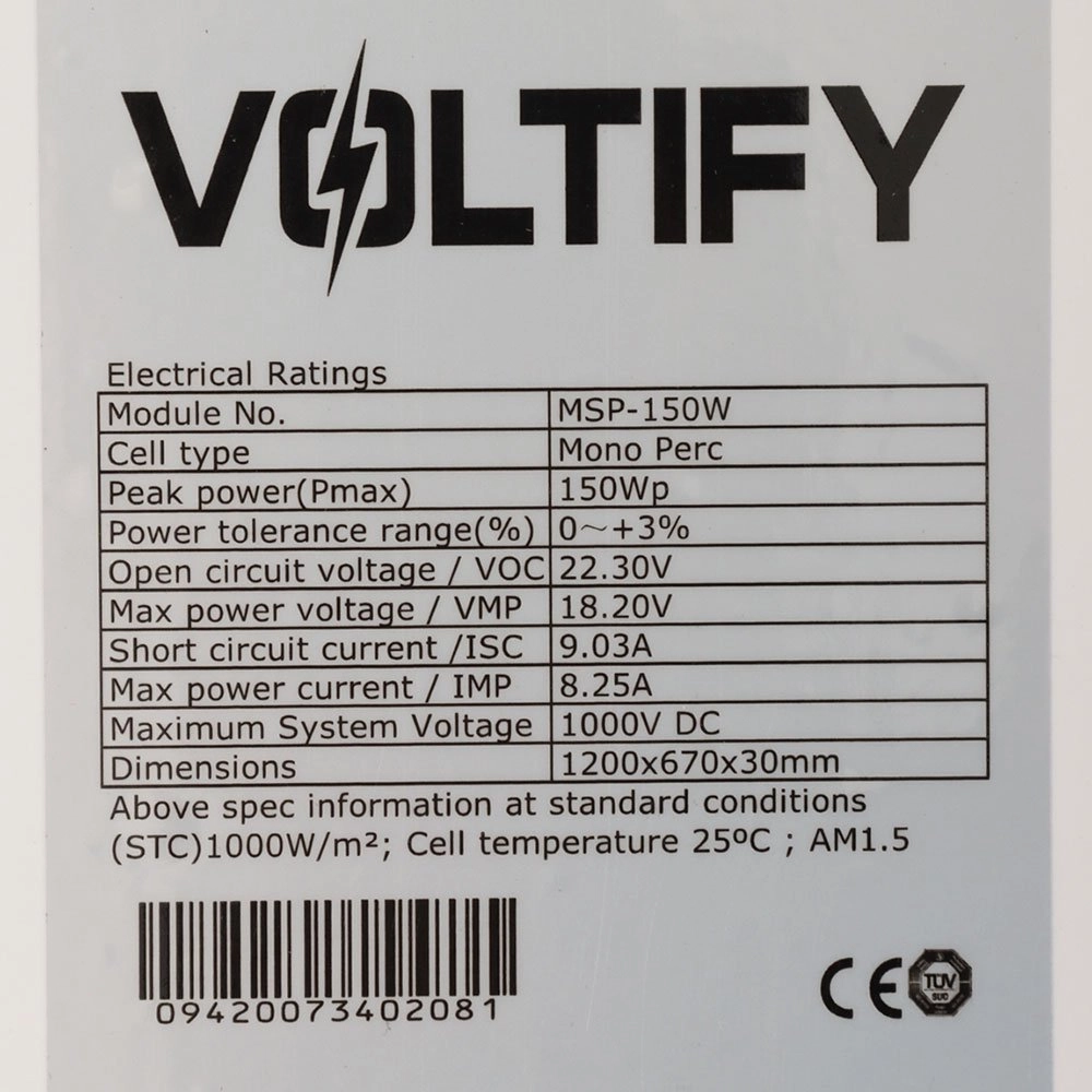 Voltify Mono PERC Solar Panel 150W 1200x670x35mm Voltify Mono PERC Solar Panel 150W 1200x670x35mm