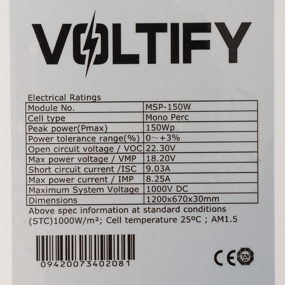Voltify Mono PERC Solar Panel 150W 1200x670x35mm - Returned unit - small dent