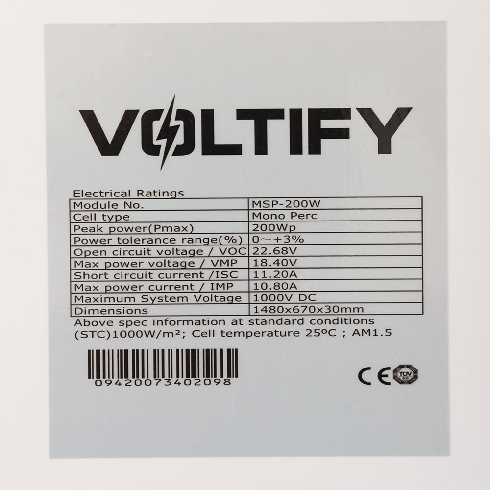 Voltify Mono PERC Solar Panel 200W 1480x670x30mm