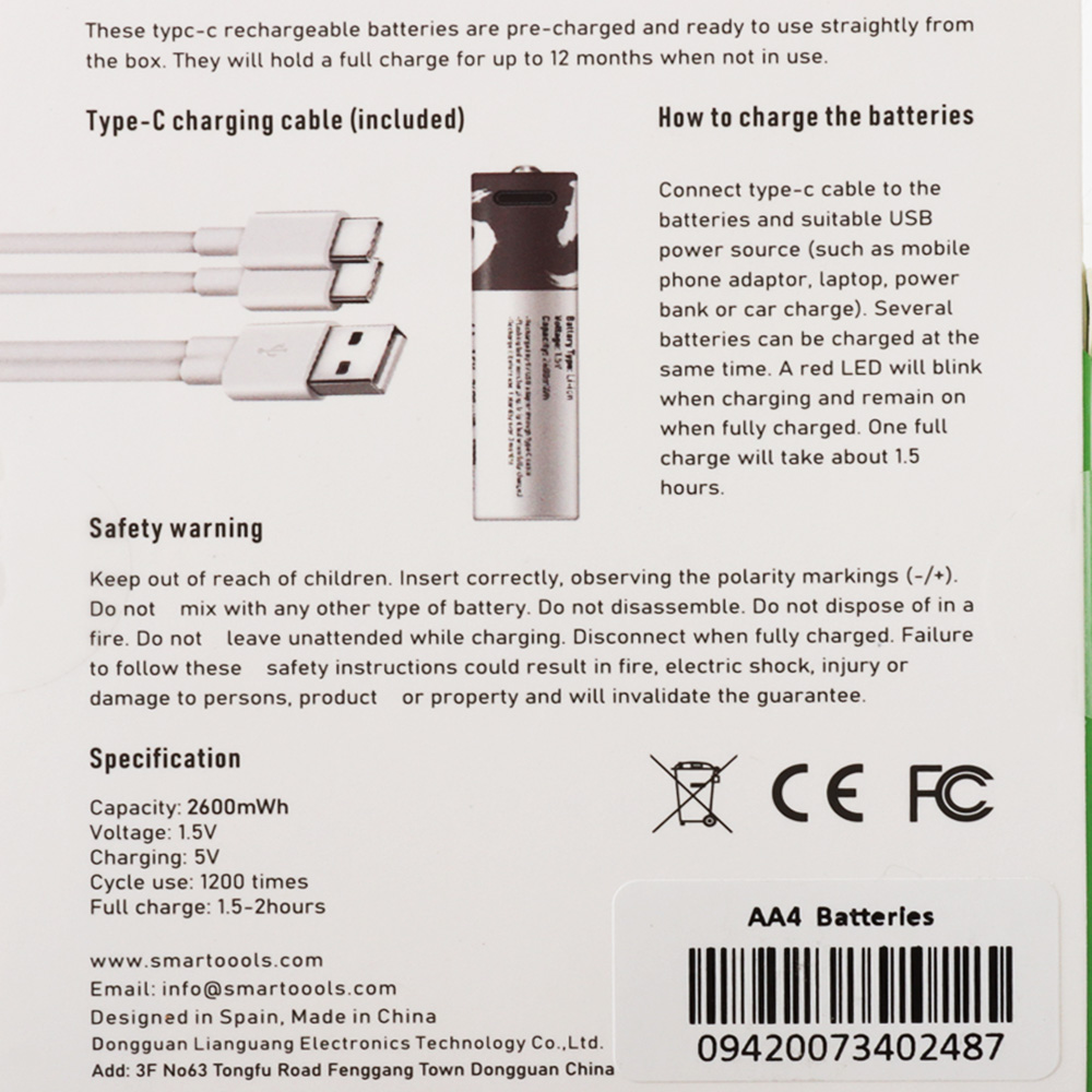 USB Rechargeable AA Lithium Battery 1.5V 4-Pack