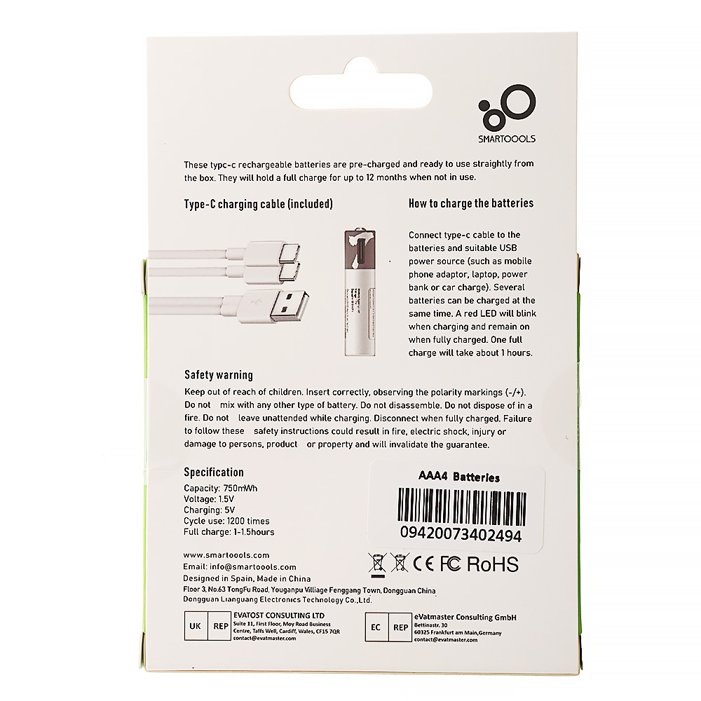 USB Rechargeable AAA Lithium Battery 1.5V 4-Pack