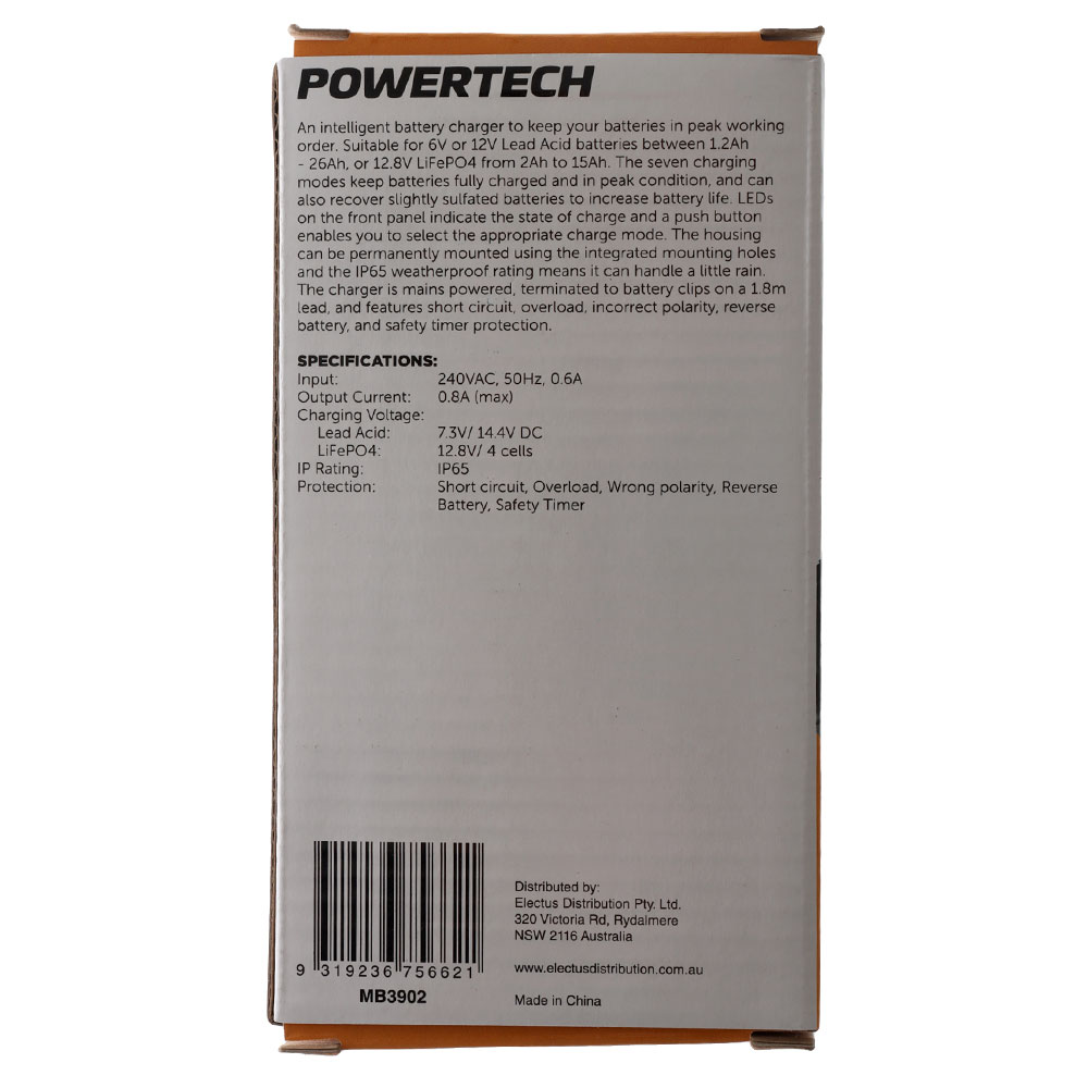 Powertech 7-Step Intelligent Lead Acid and Lithium Battery Charger 6/12V 0.87A