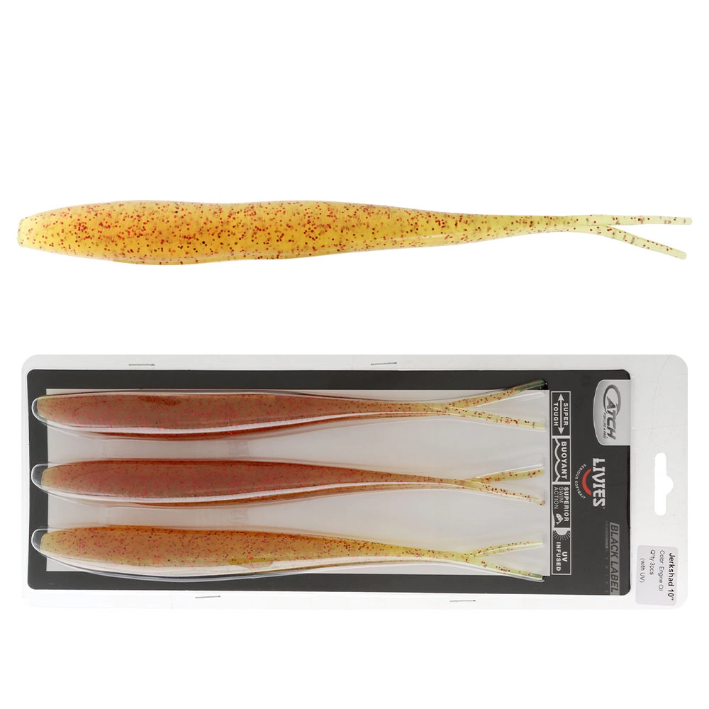 Catch Black Label Livies Jerkshad Soft Bait 10in Engine Oil Qty 3 Catch Black Label Livies Jerkshad Soft Bait 10in Engine Oil Qty 3