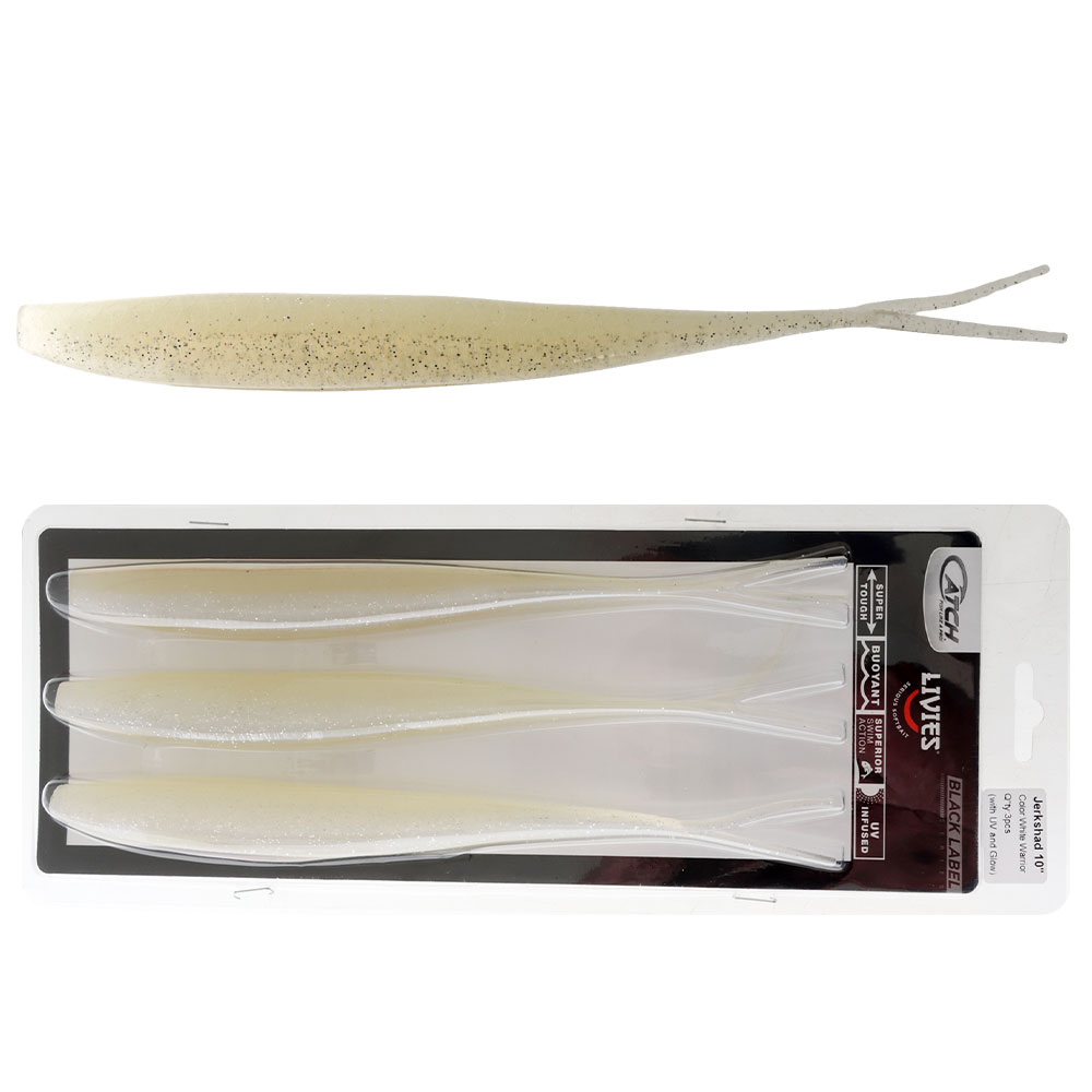 Catch Black Label Livies Jerkshad Soft Bait 10in White Warrior Glow Qty 3