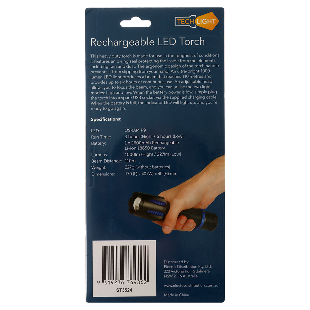 USB Rechargeable LED Torch 1000 Lumens