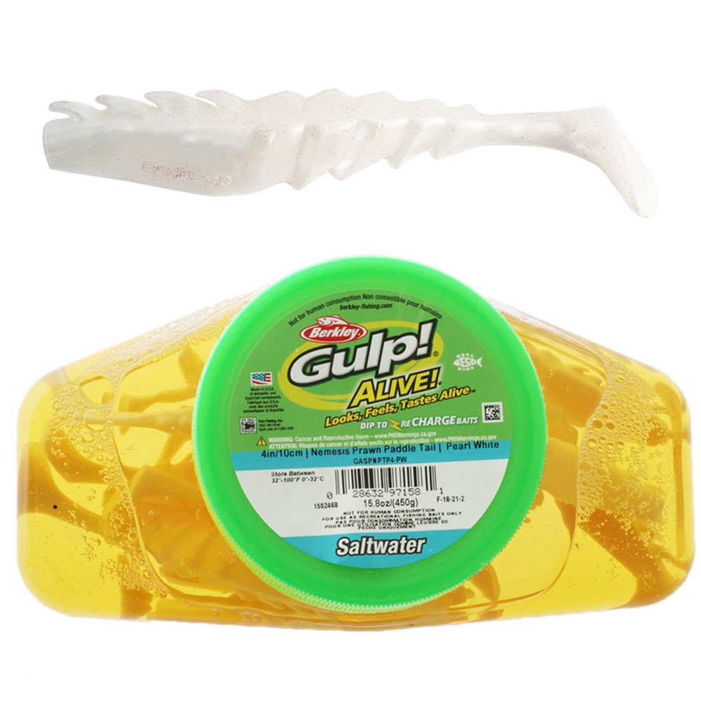 Berkley Gulp Alive Nemesis Prawn Paddle Tail Soft Bait Tub 10cm Pearl White