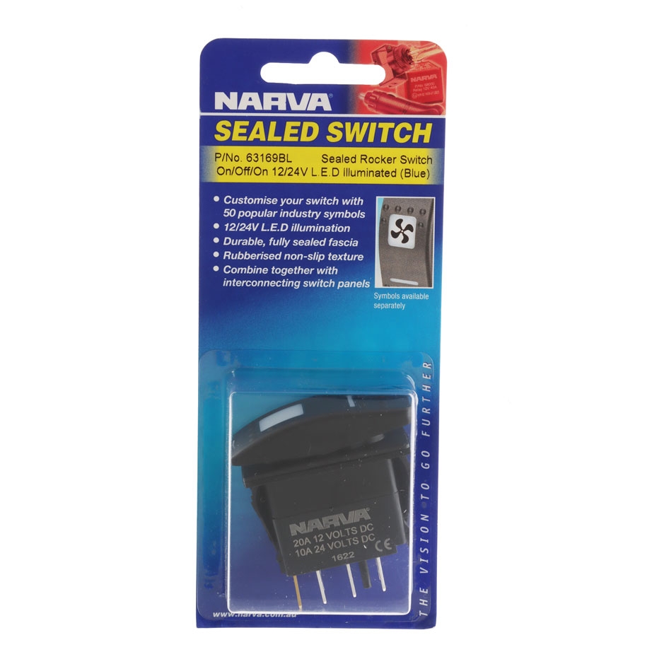NARVA LED On/Off/On Rocker Switch Blue 12/24V