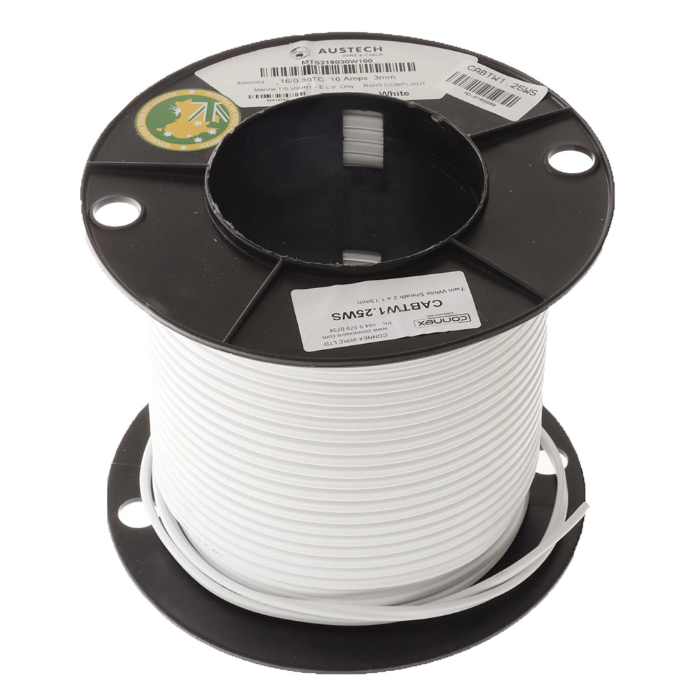 Connex Twin Core Tinned Wire Sheathed Cable 2 x 1.13mm White - Per Metre