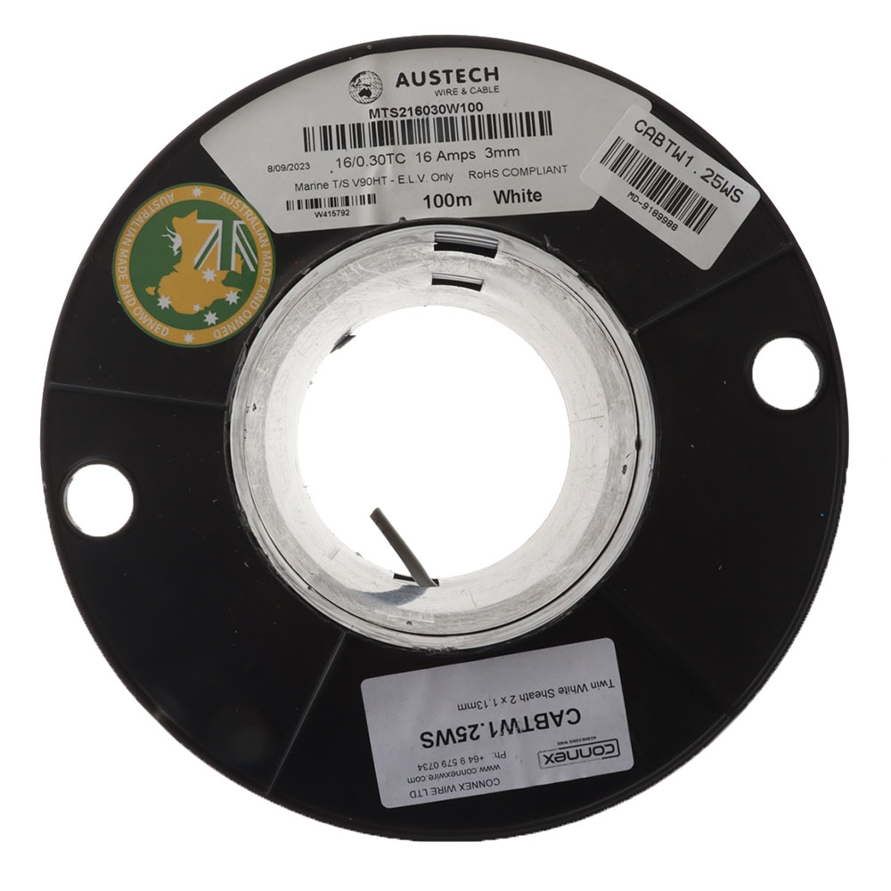 Connex Twin Core Tinned Wire Sheathed Cable 2 x 1.13mm White - Per Metre