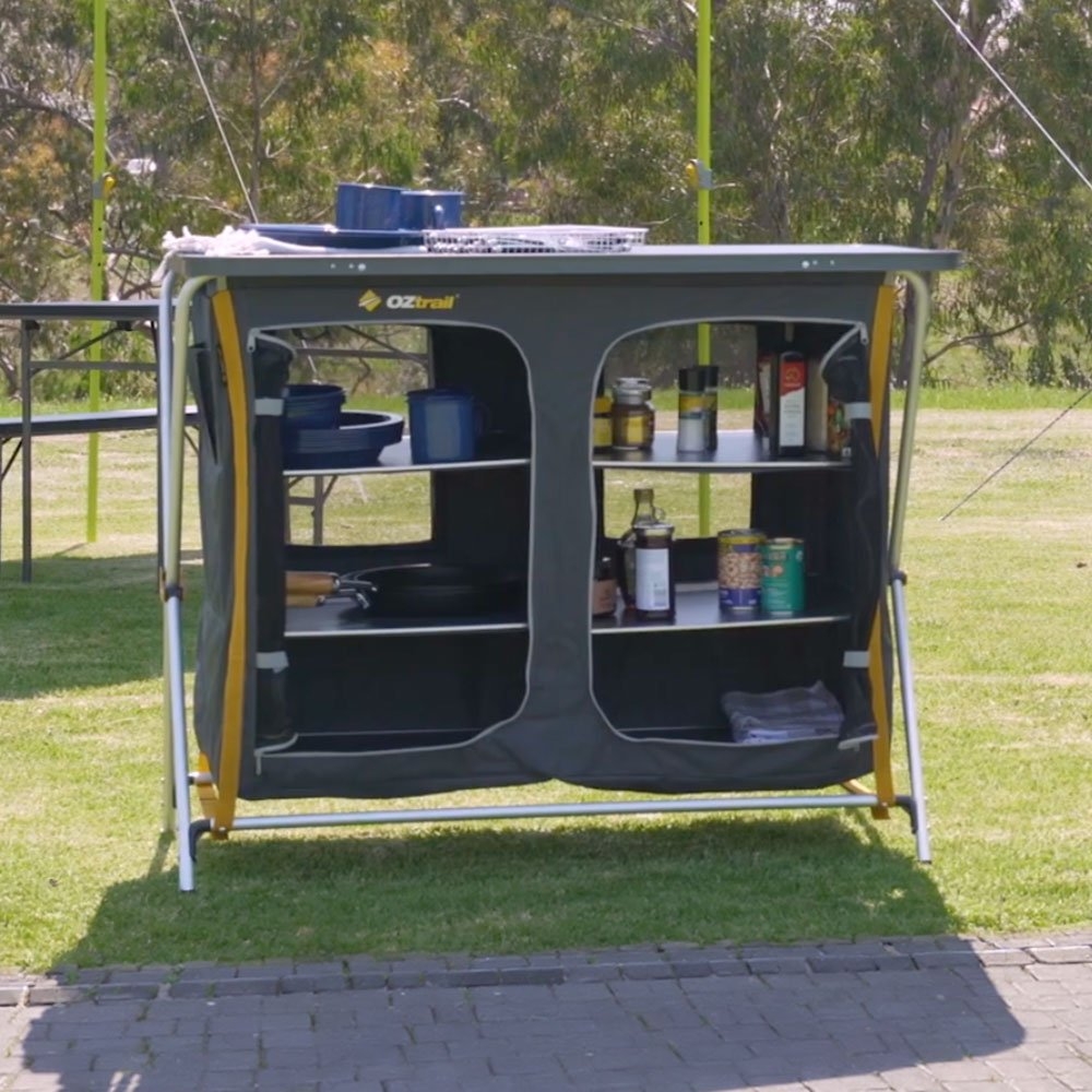 OZtrail Deluxe 3-Shelf Foldable Double Cupboard with Camping Table
