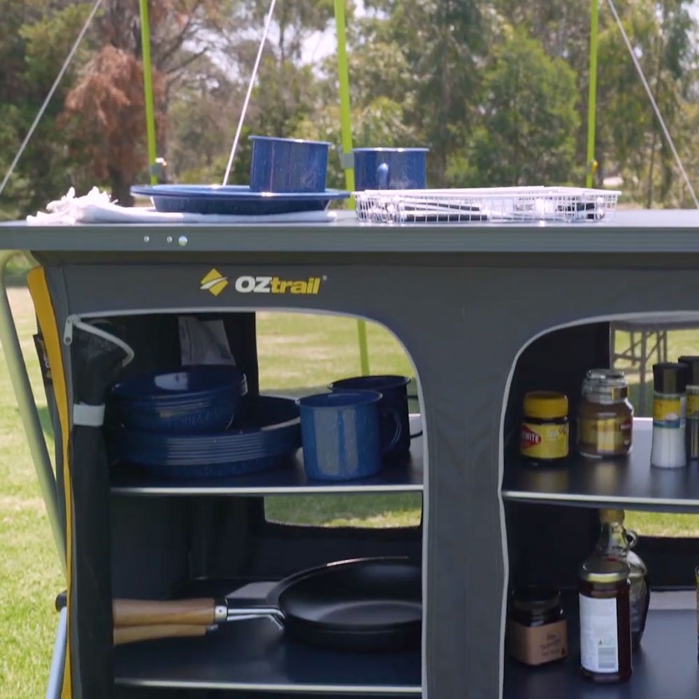 OZtrail Deluxe 3-Shelf Foldable Double Cupboard with Camping Table