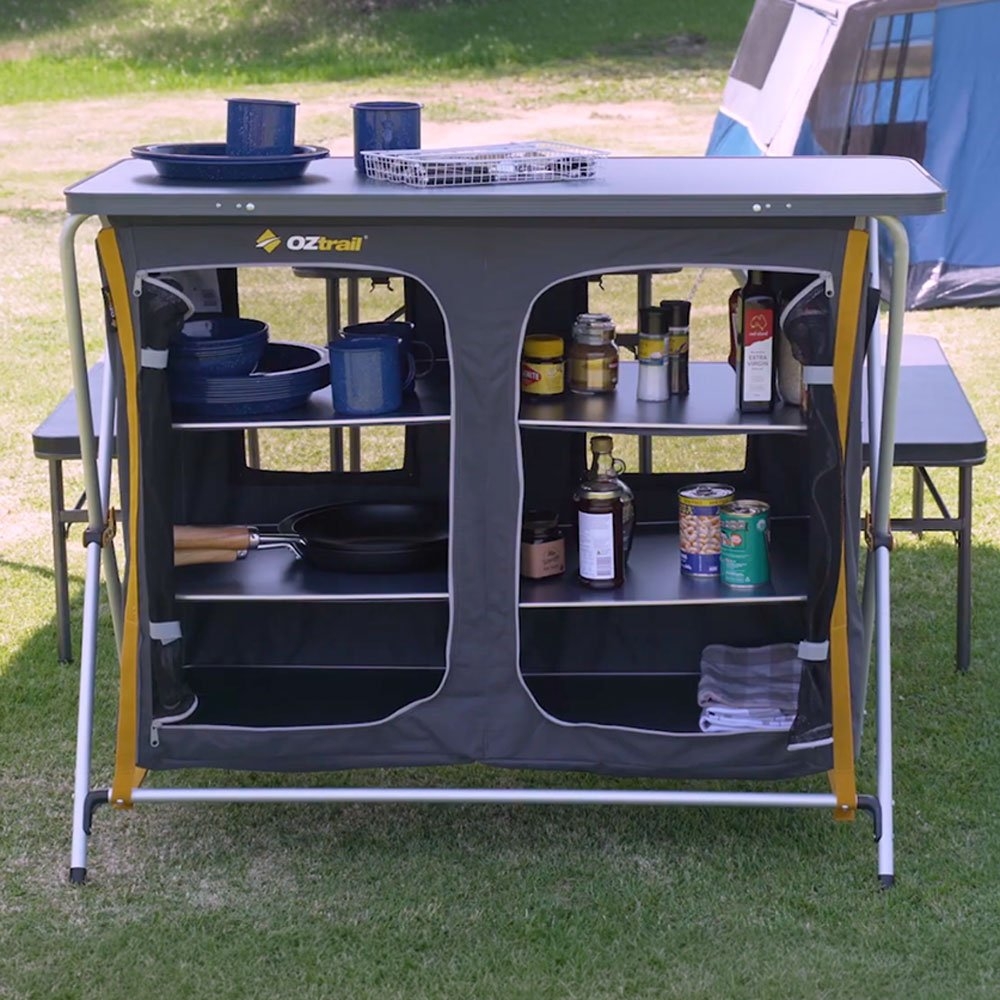 OZtrail Deluxe 3-Shelf Foldable Double Cupboard with Camping Table