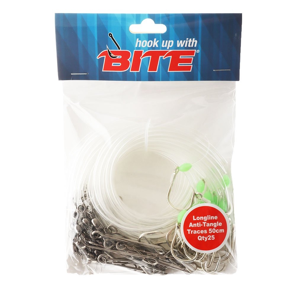 Bite Longline Anti-Tangle Traces with Standard Clip and Lumo Tubing 50cm Qty 25