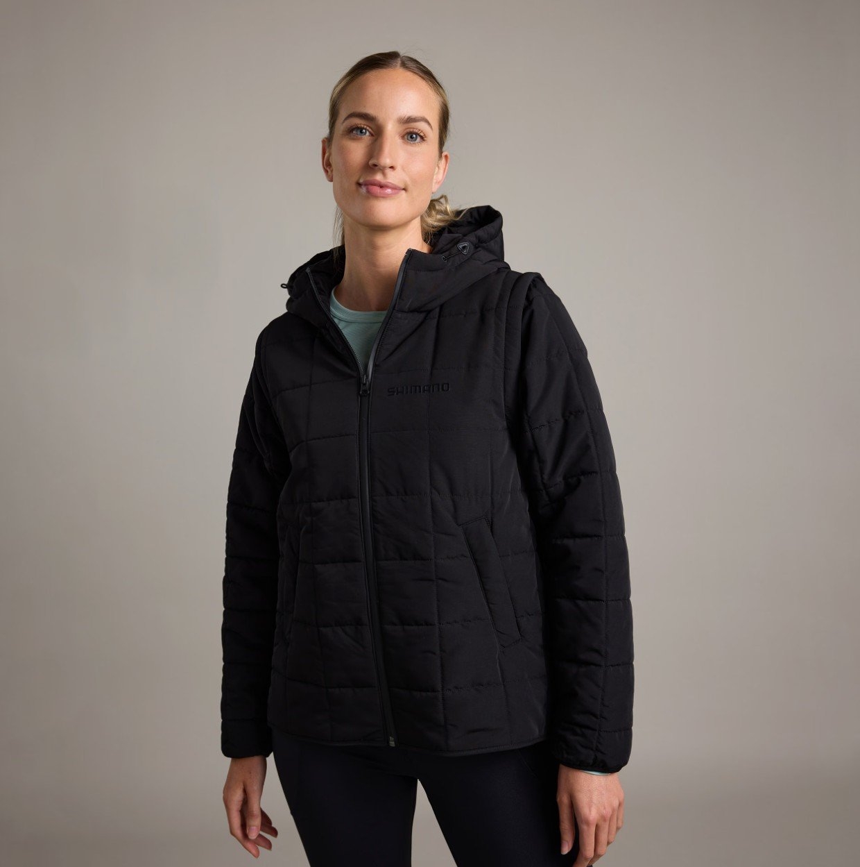 Shimano Black Stealth Zip-Off Sleeve Womens Puffer Jacket