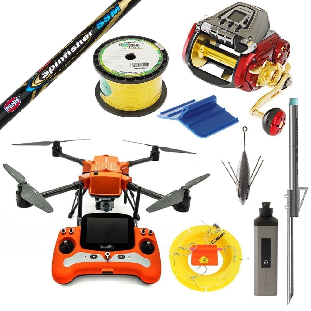 SwellPro Fisherman Max FD2 Pro Daiwa Seaborg Spinfisher Waterproof Electric Drone Fishing Package 8ft PE10 3pc