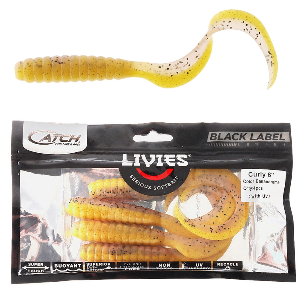 Catch Black Label Livies Curly Tail Soft Bait 6in Qty 4 Bananarama