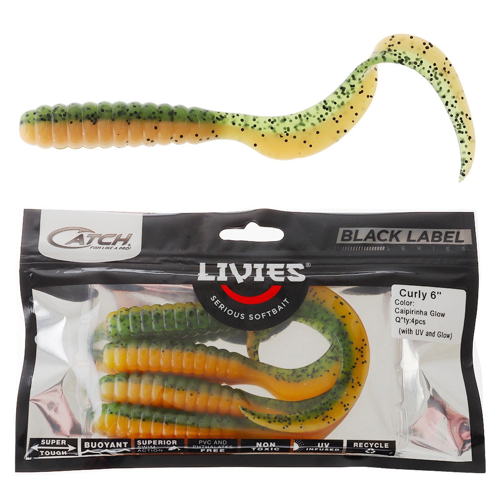 Catch Black Label Livies Curly Tail Soft Bait 6in Qty 4 Caipirinha Glow