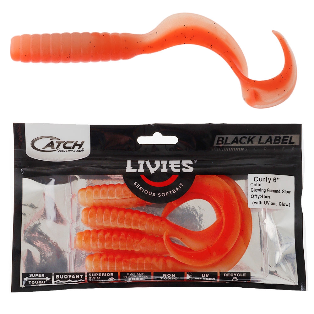 Catch Black Label Livies Curly Tail Soft Bait 6in Qty 4 Glowing Gurnard Glow