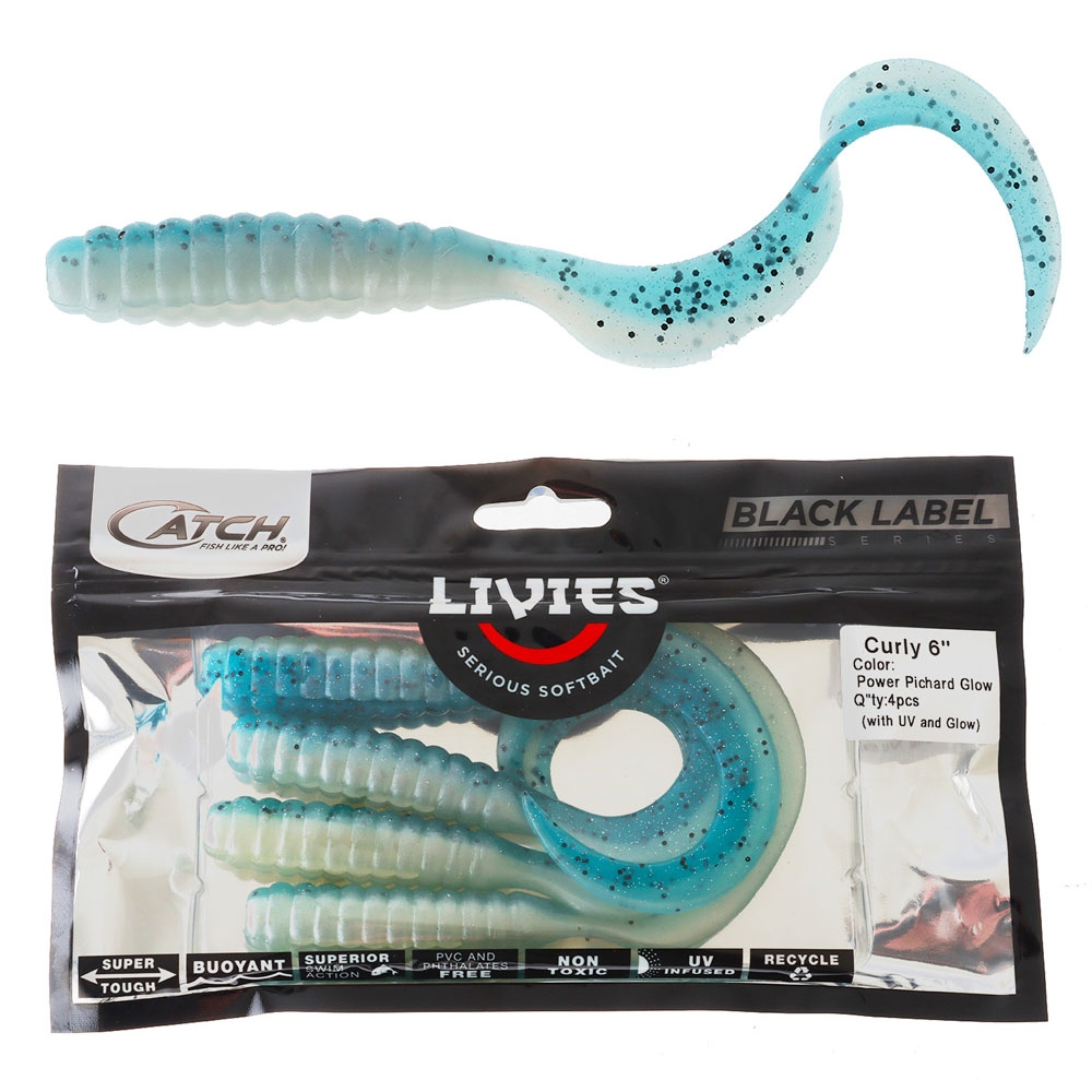Catch Black Label Livies Curly Tail Soft Bait 6in Qty 4 Power Pichard Glow
