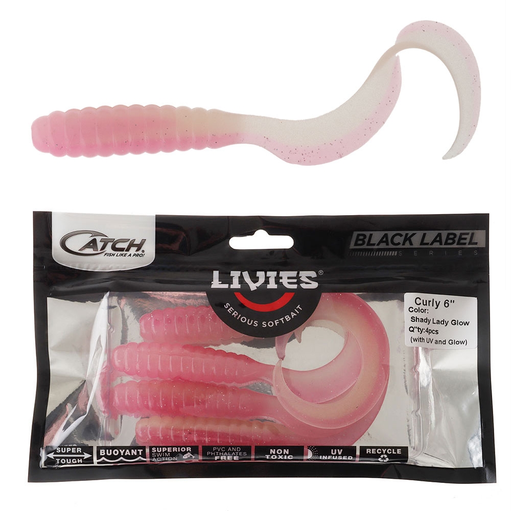 Catch Black Label Livies Curly Tail Soft Bait 6in Qty 4 Shady Lady Glow