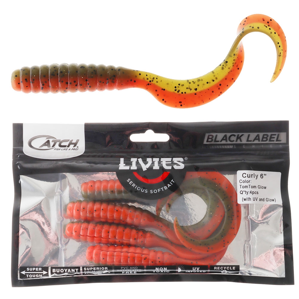 Catch Black Label Livies Curly Tail Soft Bait 6in Qty 4 Tomtom Glow