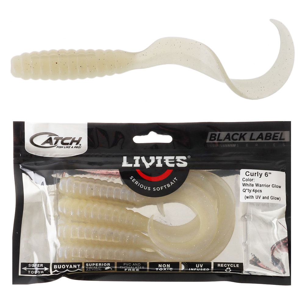 Catch Black Label Livies Curly Tail Soft Bait 6in Qty 4 White Warrior Glow