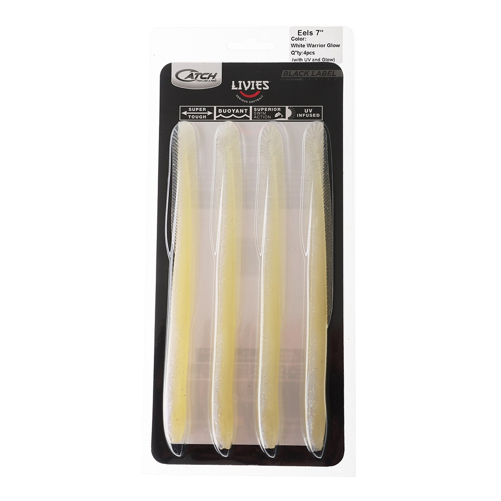 Catch Black Label Livies Eels Tail Soft Bait 7in White Warrior Qty 4