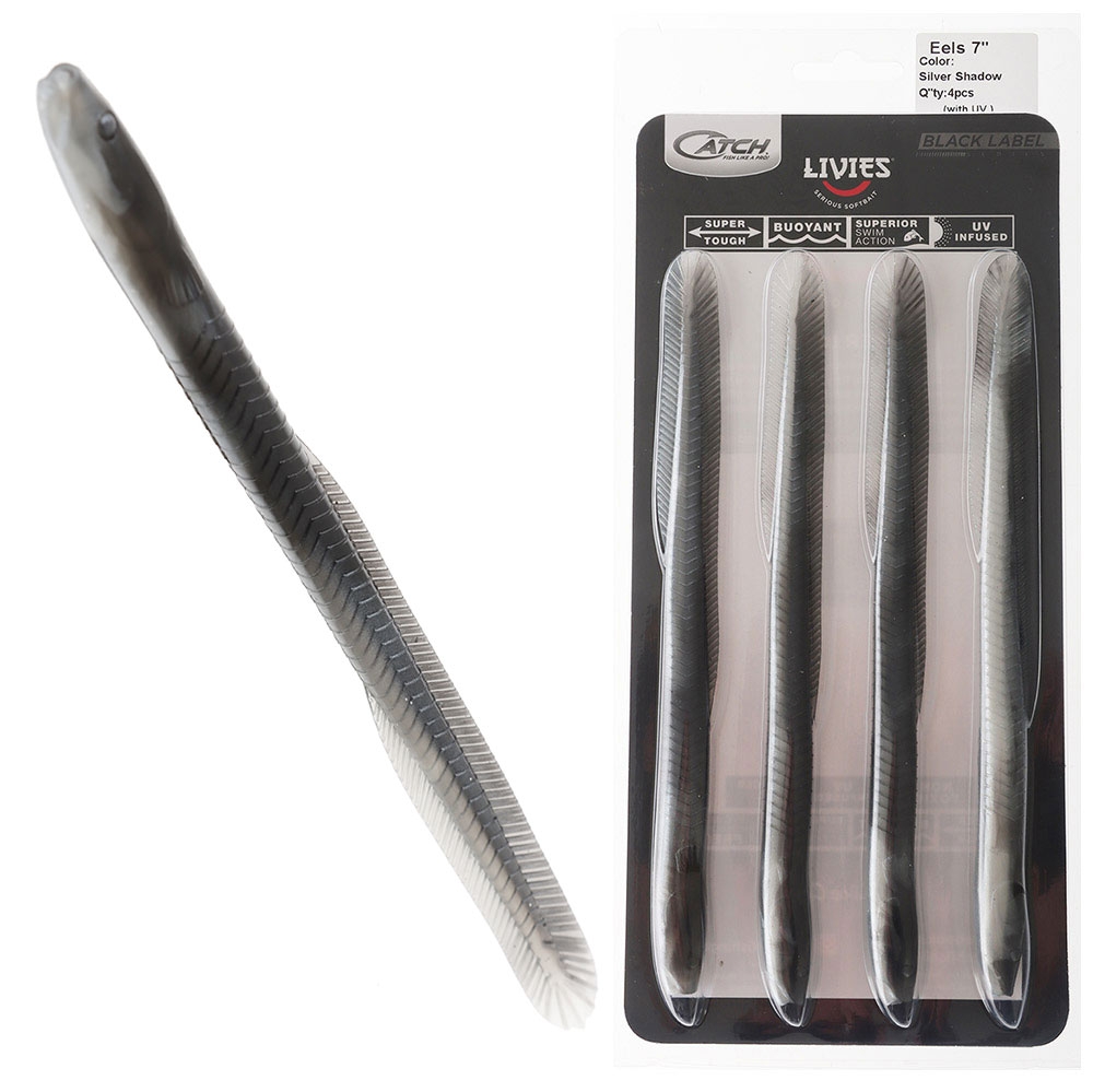 Catch Black Label Livies Eels Tail Soft Bait 7in Silver Shadow Qty 4