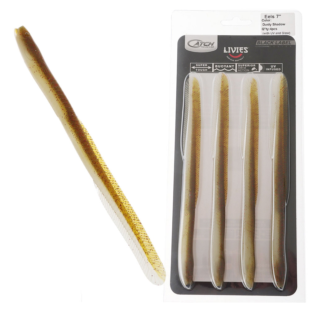 Catch Black Label Livies Eels Tail Soft Bait 7in Dusty Shadow Qty 4