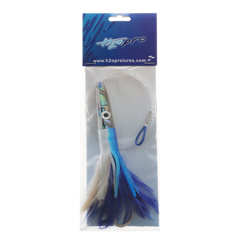 H2O Pro Mean Machine Abalone Feather Albacore Tuna Lure 17cm - Rigged Blue/White
