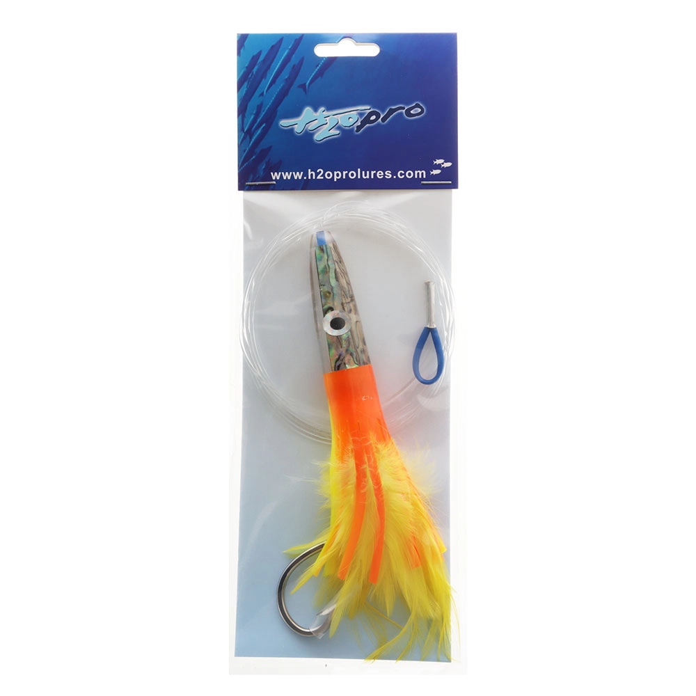 H2O Pro Mean Machine Abalone Feather Albacore Tuna Lure 17cm - Rigged Orange/Yellow H2O Pro Mean Machine Abalone Feather Albacore Tuna Lure 17cm - Rigged Orange/Yellow