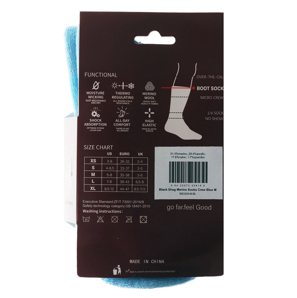 Black Shag Hybrid Merino Crew Socks Blue US5-8