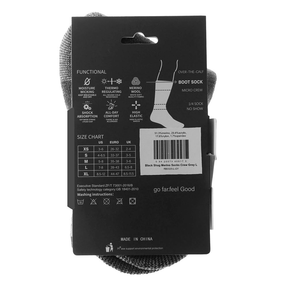 Black Shag Hybrid Merino Crew Socks Grey US7-10