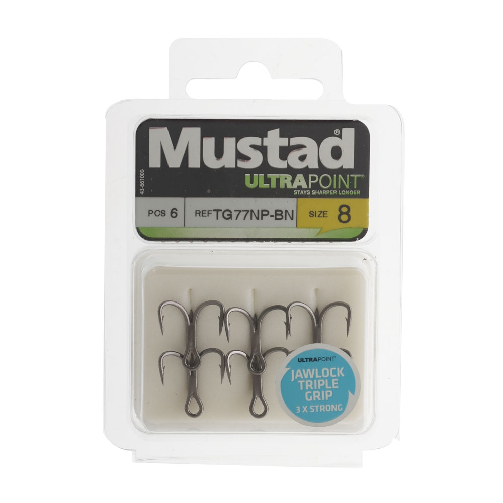 Mustad TG77NP-BN Jaw Lok Triple Grip Treble Hook #8 Qty 6