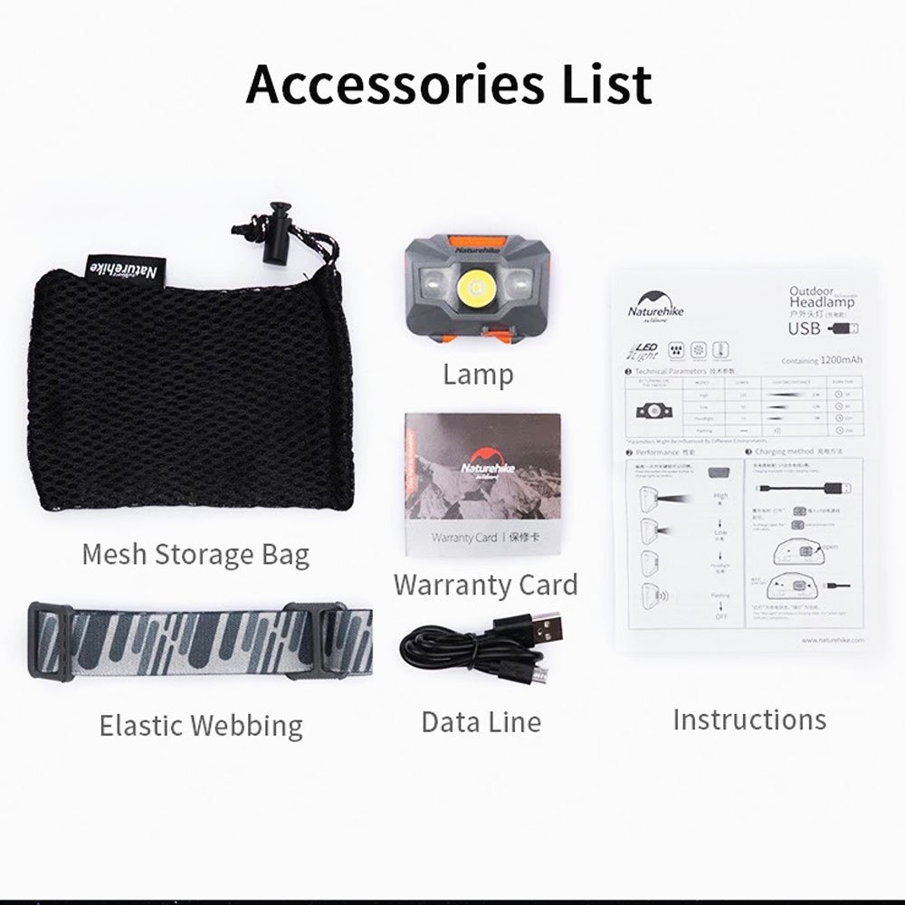 Naturehike USB Rechargeable Waterproof Headlamp Orange/Grey 150 Lumens