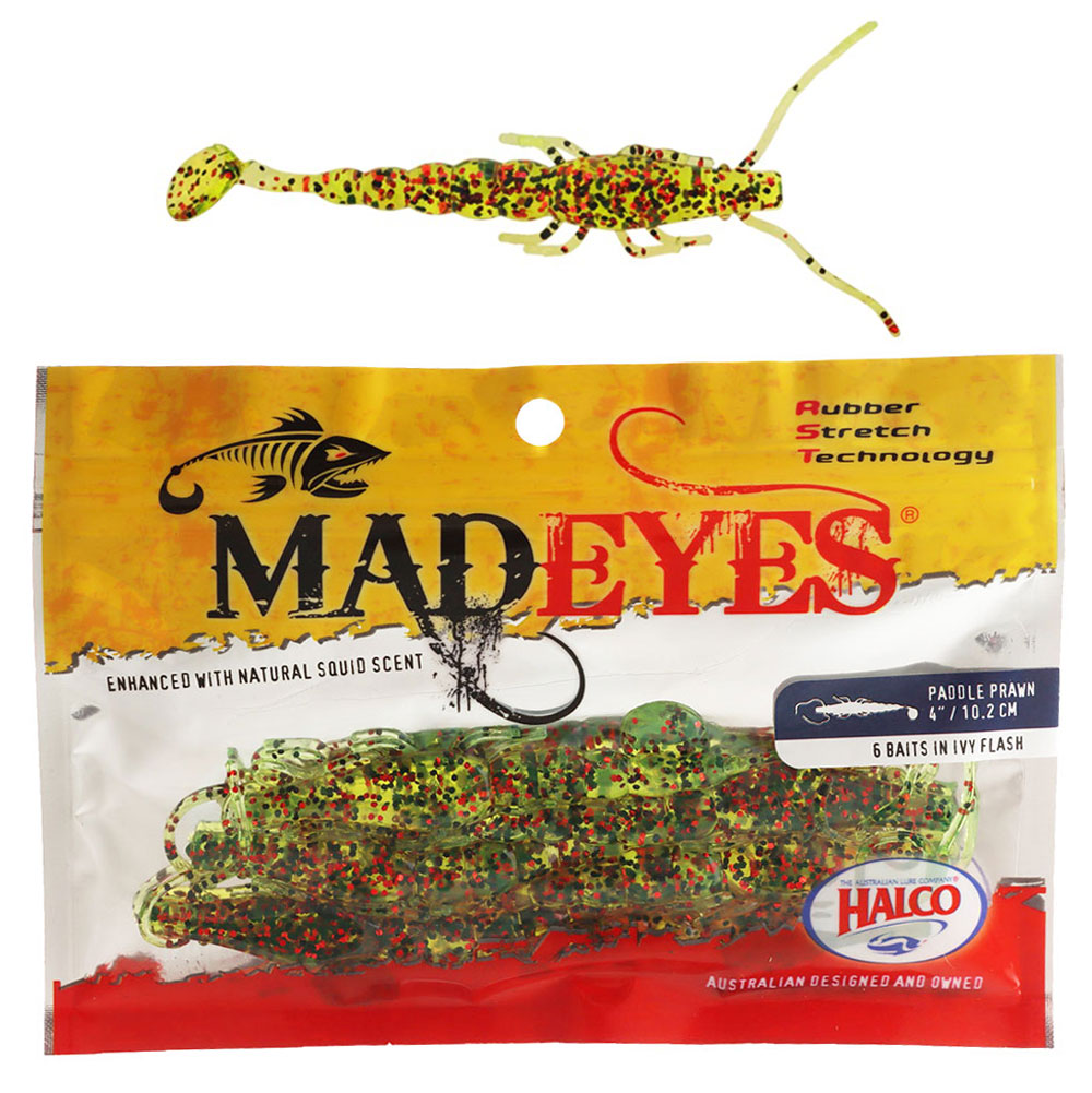 Halco Madeyes Paddle Prawn Soft Bait 4in Qty 6 Ivy Flash