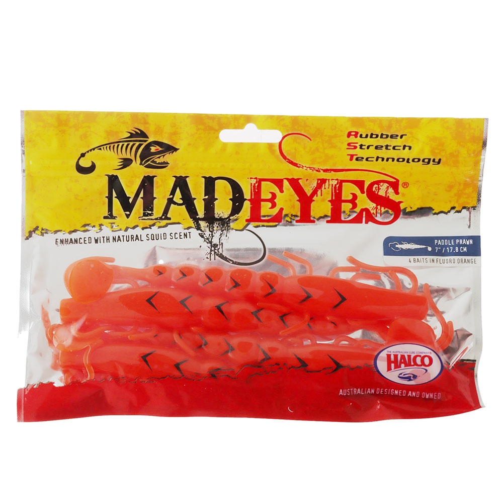 Halco Madeyes Paddle Prawn Soft Bait 7in Fluoro Orange Qty 4