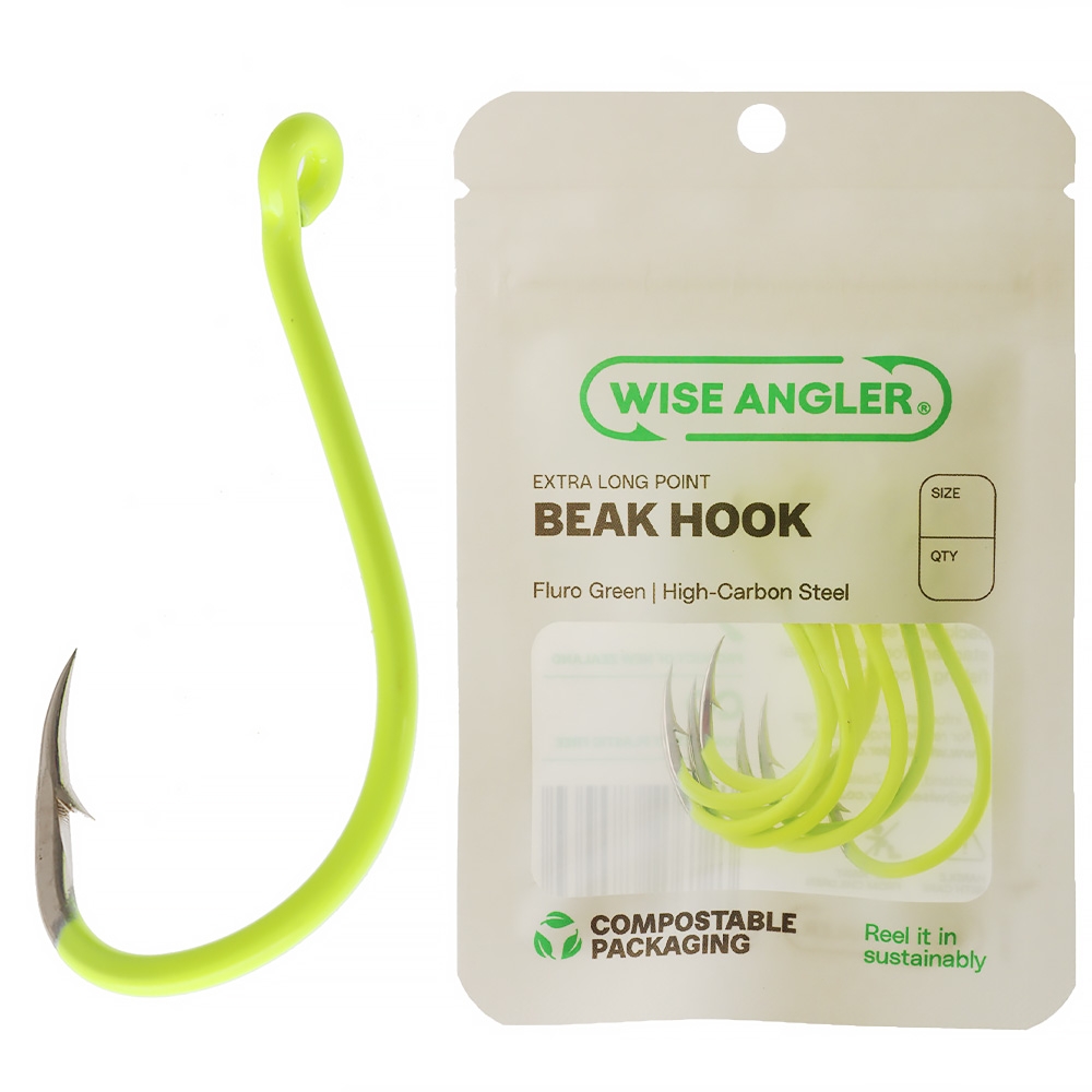Wise Angler Extra Long Point Beak Hooks Fluoro Green 3/0 Qty 10