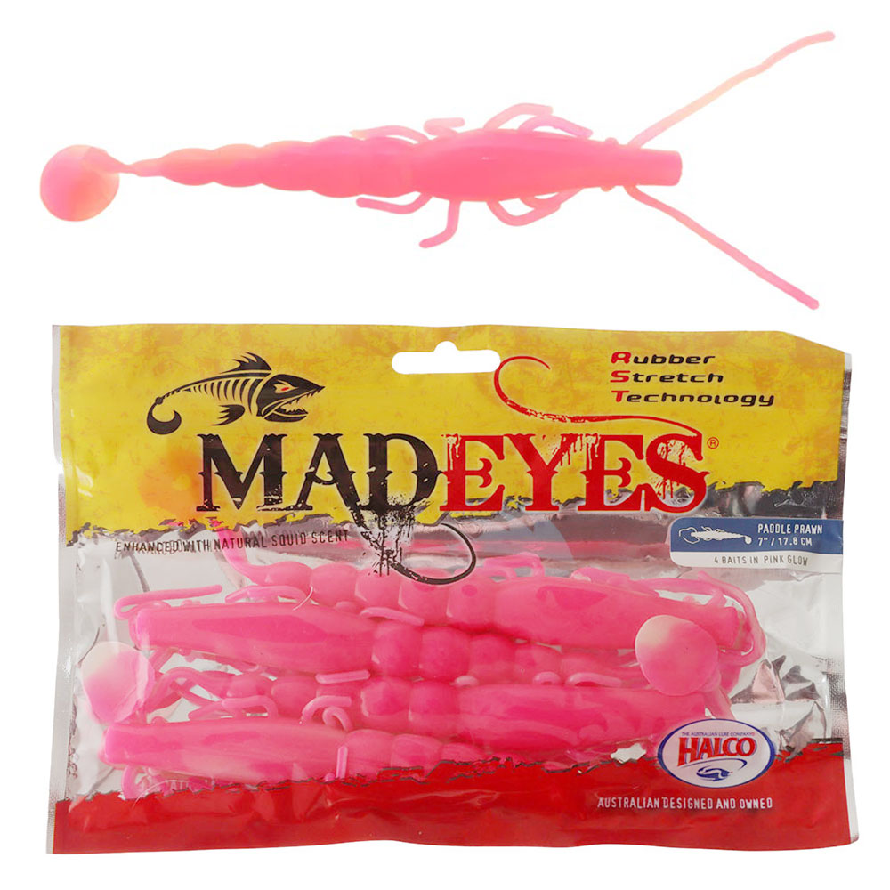 Halco Madeyes Paddle Prawn Soft Bait 7in Pink Glow Qty 4